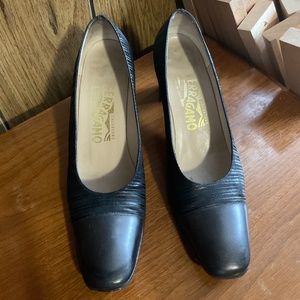 Leather and fabric Ferragamos with block heels